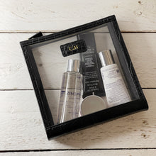 Load image into Gallery viewer, SQUARE LEATHER AND PVC COSMETIC  BAG  - PATTERNED LEATHER( PRE-ORDER)