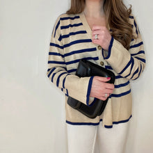 Load image into Gallery viewer, Stripe v-neck cardigan  - Cream and blue stripe