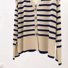 Load image into Gallery viewer, Stripe v-neck cardigan  - Cream and blue stripe