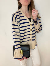 Load image into Gallery viewer, Stripe v-neck cardigan  - Cream and blue stripe
