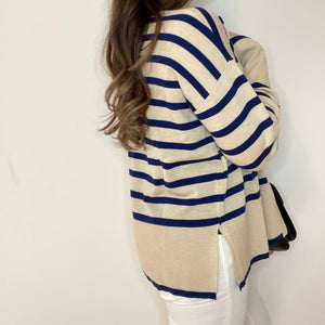 Stripe v-neck cardigan  - Cream and blue stripe