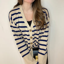 Load image into Gallery viewer, Stripe v-neck cardigan  - Cream and blue stripe